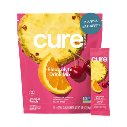Picture of Cure Hydration | Plant-Based Electrolyte Drink Mix | No Added Sugar | FSA & HSA | Dehydration Relief Powder Made with Coconut Water | Non-GMO | Vegan | Pouch of 14 Packets - Tropical Punch