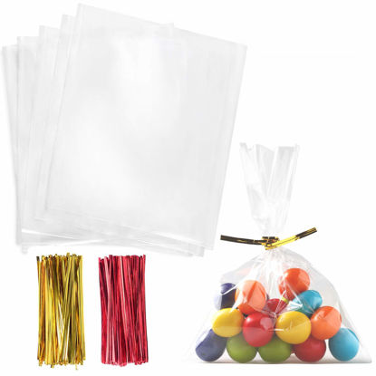 Picture of Cello Cellophane Treat Bags,5x7 Inches Clear Cellophane Bags 200 Pcs OPP Plastic Treat Bags with 200 Twist Ties for Gift Wrapping,Packaging Candies,Dessert,Bakery, Cookies, Chocolate,Party Favor