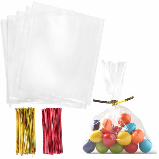 Picture of Cello Cellophane Treat Bags,5x7 Inches Clear Cellophane Bags 200 Pcs OPP Plastic Treat Bags with 200 Twist Ties for Gift Wrapping,Packaging Candies,Dessert,Bakery, Cookies, Chocolate,Party Favor