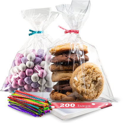 Picture of Prestee 200 Pack Clear Cellophane Bags for Favors - Transparent Goodie Bags for Birthday Party, 6x10 Inch Clear Bags with 4-Inch Twist Ties - Candy, Treat, Cookie Bags for Gift Giving