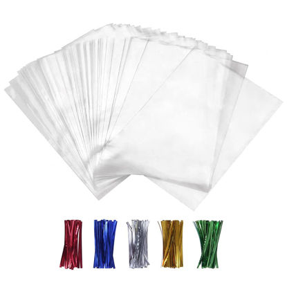 Picture of XLSFPY 100PCS Cellophane Bags Clear Plastic Cello Bags 4x6 with 4" Twist Ties 5 Mix Colors - 1.4 mils Thick OPP Treat Bags for Gift Wrapping Packaging Decorations Storage (4'' x 6'')