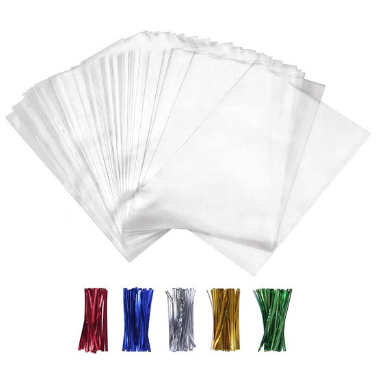 Picture of XLSFPY 100PCS Cellophane Bags Clear Plastic Cello Bags 4x6 with 4" Twist Ties 5 Mix Colors - 1.4 mils Thick OPP Treat Bags for Gift Wrapping Packaging Decorations Storage (4'' x 6'')
