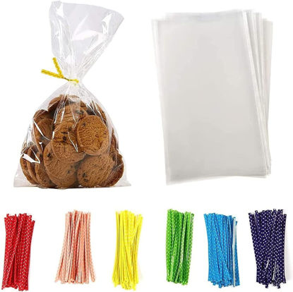 Picture of 100 Pcs 5 in x 7 in Clear Flat Cello Cellophane Treat Bags Good for Bakery,Popcorn,Cookies,Candies,Dessert 1.4mil.Give Metallic Twist Ties! (7x5 Inch (Pack of 100))