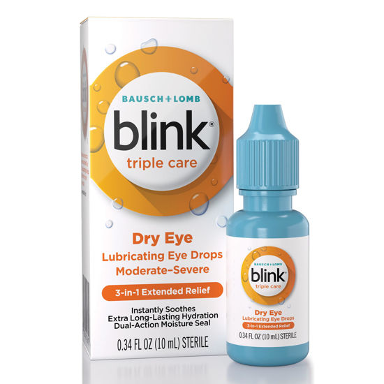 Picture of Blink Eye Drops for Dry Eyes, Triple Care Lubricant Eye Drops, Instantly Soothing, Moisturizing & Extra Long-Lasting Hydrating Eye Care for Moderate to Severe Dry Eye Symptom Relief, 0.34 fl oz