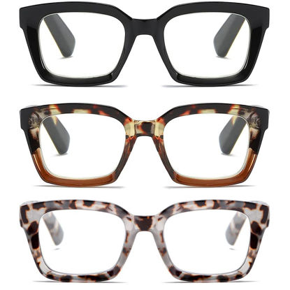 Picture of LOUOL 3 Pack Readers for Women Oprah Style Square Reading Glasses with Spring Hinge Blue Light Blocking for Men Ladies +1.5