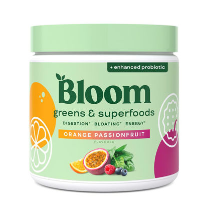 Picture of Bloom Nutrition Superfood Greens Powder, Digestive Enzymes with Probiotics and Prebiotics, Gut Health, Bloating Relief for Women, Chlorella, Juice Mix w/Beet Root Powder, 30 SVG, Orange Passionfruit