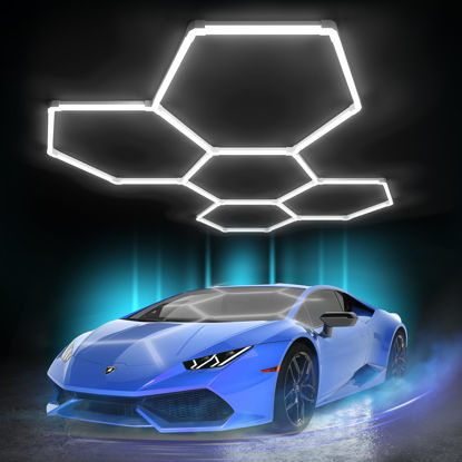 Picture of Litezone Hexagon Garage Lights 168W 20160LM, 5 Grids LED Garage Hexagon Lights, 6500K Super Bright Honeycomb Lights Ceiling for Garage, Warehouse, Car Detailing Shop, Exhibition Hall, Gym