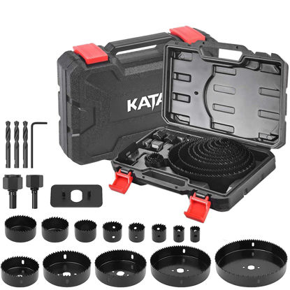 Picture of KATA Hole Saw Set 20PCS Hole Saw Kit with 3/4"-6"(19-152mm) 13PCS Saw Blades, 2 Mandrels, 3 Drill Bits, 1 Installation Plate, 1 Hex Key, Ideal for Soft Wood, Plywood, Drywall, PVC