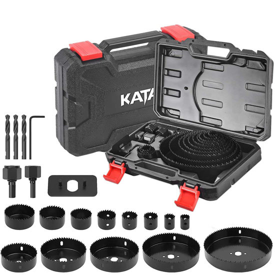 Picture of KATA Hole Saw Set 20PCS Hole Saw Kit with 3/4"-6"(19-152mm) 13PCS Saw Blades, 2 Mandrels, 3 Drill Bits, 1 Installation Plate, 1 Hex Key, Ideal for Soft Wood, Plywood, Drywall, PVC