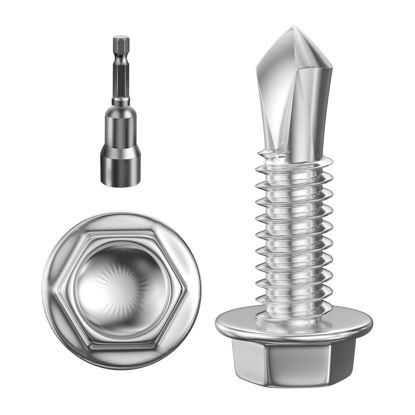 Picture of Wensilon (300Pcs) #8×3/4" Hex Washer Head Self Drilling Screws, 410 Stainless Steel Metal SheetScrews，TEK Screws, Self Drilling Screws, Self Tapping Screws,Sheet Metal Screws