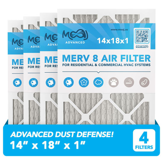 Picture of 14x18x1 Air Filter (4-PACK) | MERV 8 | MOAJ Advanced Dust Defense | BASED IN USA | Quality Pleated Replacement Air Filters for AC & Furnace Applications | Actual Dimensions: 13.70” x 17.70” x 0.75”