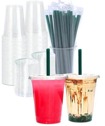 Picture of 16 oz Clear Plastic Cups with Lids and STRAWS, Disposable Drinking Cups for Cold Drinks, Iced Coffee, Milkshakes, Smoothies, 25 Sets