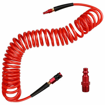 Picture of Hromee 1/4 in x 25 ft Polyurethane Recoil Air Hose with Bend Restrictors Compressor Hose with 1/4" Industrial Universal Quick Coupler and I/M Plug Kit, Red