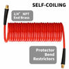 Picture of Hromee 1/4 in x 25 ft Polyurethane Recoil Air Hose with Bend Restrictors Compressor Hose with 1/4" Industrial Universal Quick Coupler and I/M Plug Kit, Red