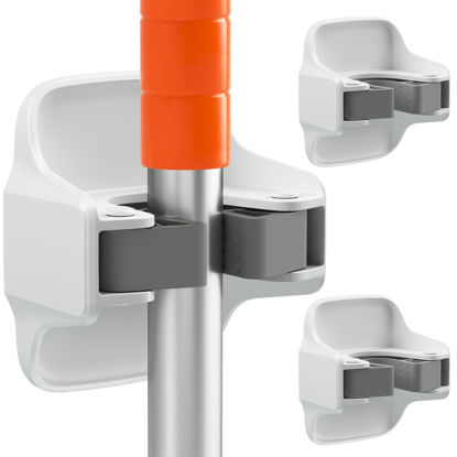 Picture of reliahom 3 Pack Broom Holder Wall Mount Mop Grippers No Drilling Self Adhesive Anti-Slip Mop Handle Hanger Dustpan and Broom Organizer-White