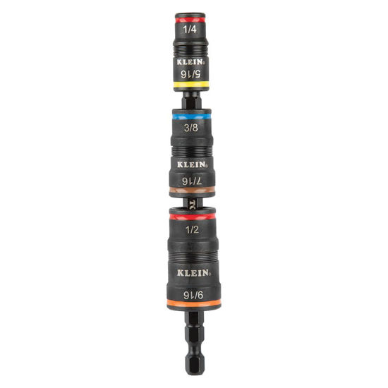 Picture of Klein Tools 32933 Impact Driver, SAE 7-in-1 Impact Socket Set, 3 Flip Sockets with 6 Hex Driver Sizes and 1/4-Inch Bit Holding Feature, Impact Rated 5-Inch Shaft