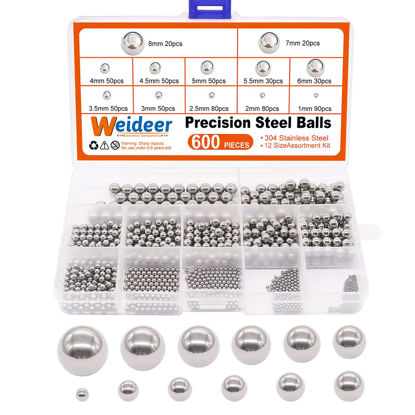 Picture of weideer 600pcs 12 Size Stainless Steel Precision Steel Balls 1-8mm Metric Bicycle Bearing Balls Assortment Kit Mixing Balls 1mm 2mm 2.5mm 3mm 3.5mm 4mm 4.5mm 5mm 5.5mm 6mm 7mm 8mm K-085-600