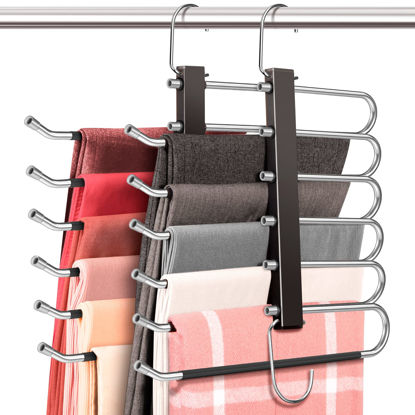 Picture of HUITEM Space Saving 6 Tier Pant Hangers, Anti-Slip, Stainless Steel, 2 Pack, Black