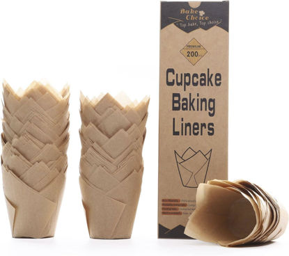 Picture of Bake Choice 200pcs Natural Tulip Cupcake Liners for Baking Cups Unbleached European Parchment paper Tulip Muffin Liners, Cupcake Wrapper for Party, Christmas