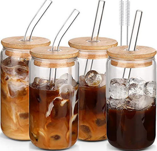 Picture of Glass Cups with Lids and Straws 4 pcs,16 oz Glass Cups for Coffee Bar Accessories-DWTS DANWEITESI Iced Coffee Cups with Lids,Drinking glasses Set,Coffee Cups Glass Tumbler with Straw and Lid for Gifts