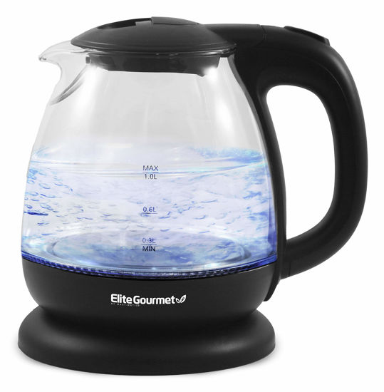 Picture of Elite Gourmet EKT1001 Electric 1.0L BPA-Free 1100W Glass Kettle Cordless 360° Base, Stylish Blue LED Interior, Handy Auto Shut-Off Function - Quickly Boil Water For Tea & More, Black