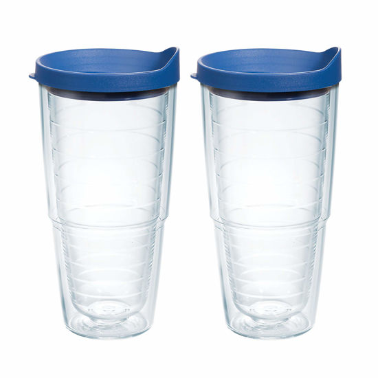 Picture of Tervis Clear & Colorful Lidded Made in USA Double Walled Insulated Tumbler Travel Cup Keeps Drinks Cold & Hot, 24oz 2pk, Blue Lid