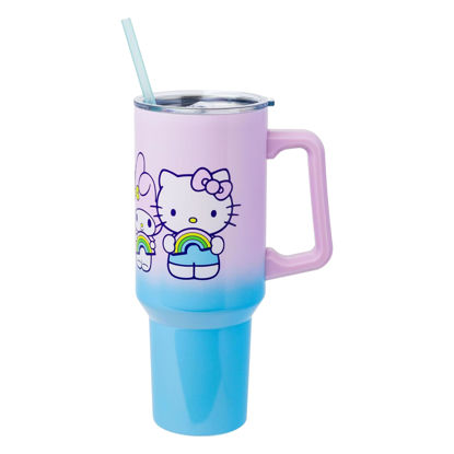 Picture of Silver Buffalo Sanrio Hello Kitty and Friends Featuring My Melody, Kuromi, and Pompompurin Rainbow Ombre Stainless Steel Tumbler with Handle and Straw, Fits in Standard Cup Holder, 40 Ounces