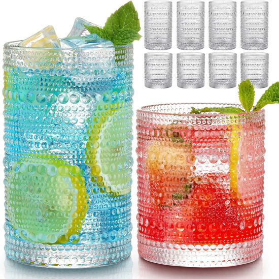Picture of Hlukana Vintage Hobnail Drinking Glasses Set of 8, 12 oz Highball Glasses & 10 oz Cocktail Glasses Set, Kitchen Water Glasses Cup, Bar Tumbler Glassware Set for Beer, Juice, Cocktail, Whiskey, Milk
