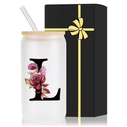 Picture of Monogrammed Glass Drinking Cup With Lid Straw Women Lady Boss Gifts Coworker Colleague Manager Team Member Employee Boss Executive Assistant Inter Birthday Farewell Leaving Retirement Christmas,L