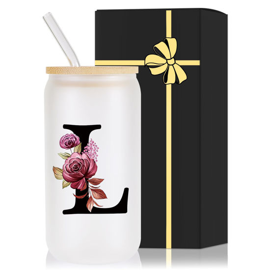 Picture of Monogrammed Glass Drinking Cup With Lid Straw Women Lady Boss Gifts Coworker Colleague Manager Team Member Employee Boss Executive Assistant Inter Birthday Farewell Leaving Retirement Christmas,L
