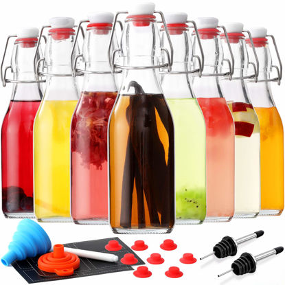 Picture of AOZITA 8-Pack 8.5oz Flip Top Glass Bottles, Swing Top Beer Brewing Bottle for 2nd Fermentation, Kombucha, Kefir, Vanilla Extract, Coquito, Juice, Tea - Airtight Stopper Cap Lid, Bonus 2 Bottle Pourers