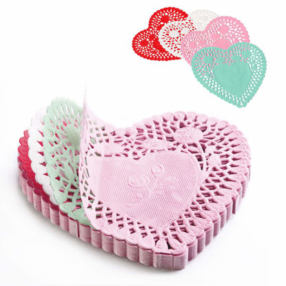 Picture of RIVCOIM Heart Doilies: Elegant Paper Doilies for Crafts and Valentines 4 inch - 100 Pcs of Paper Heart Doilies in Red, Pink, White, Blue (25 Each) - Perfect for Creative Decorations.