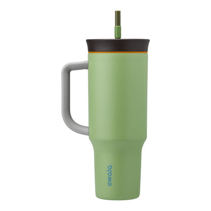 Picture of Owala Stainless Steel Triple Layer Insulated Travel Tumbler with Spill Resistant Lid, Straw, and Carry Handle, BPA Free, 40 oz, Green (Brave Adventures)