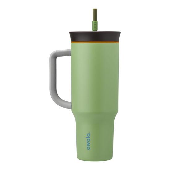 Picture of Owala Stainless Steel Triple Layer Insulated Travel Tumbler with Spill Resistant Lid, Straw, and Carry Handle, BPA Free, 40 oz, Green (Brave Adventures)
