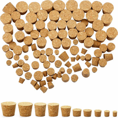 Picture of Jetec 100 Pack Assorted Cork Stoppers Wine Bottle Cork Stoppers Different Sizes Wooden Tapered Cork Plugs Replacement Variety Corks for Bottles Crafts Wine Bottle, 10 Sizes