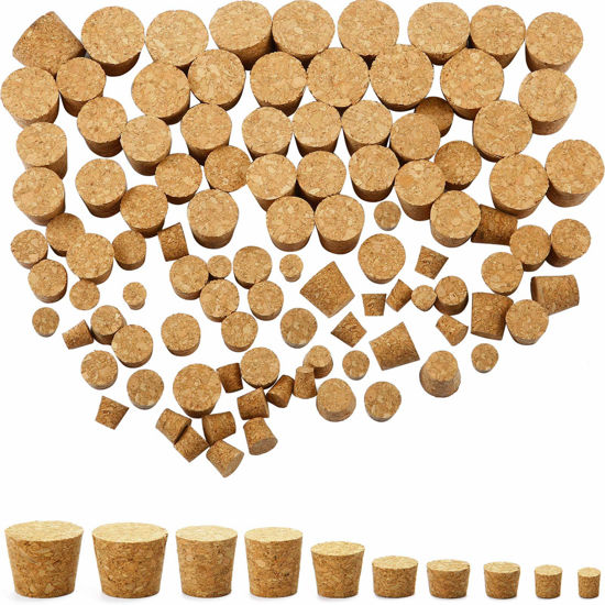 Picture of Jetec 100 Pack Assorted Cork Stoppers Wine Bottle Cork Stoppers Different Sizes Wooden Tapered Cork Plugs Replacement Variety Corks for Bottles Crafts Wine Bottle, 10 Sizes