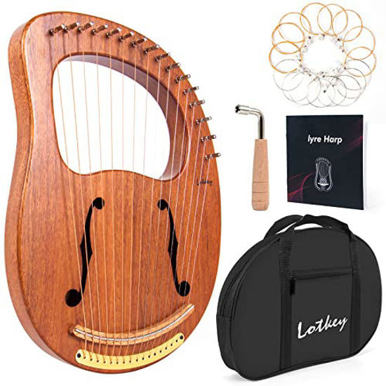 Picture of Lyre Harp, Lotkey 16 Metal Strings Iron Saddle Mahogany Lyre Harp with Tunning Wrench, Extract Strings, Manual and Gig Bag
