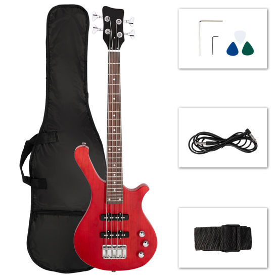 Picture of Ktaxon 4 String Electric Bass Guitar, 36-inch Bass Guitar Kit with Split single-coil Pickup, Rosewood Fretboard, Mahogany Body for Kids, Boy and Girl(Red)