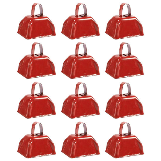 Picture of Blue Panda 12 Pack 3-inch Cowbells with Handle, Red Hand Percussion Cow Bells Noise Makers for Sporting Events, School Celebrations, Sports Parties, Football Games Noise Makers