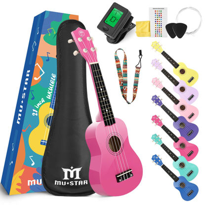 Picture of MUSTAR Soprano Ukulele Kids Ukulele for Beginners - 21 Inch Small Guitar Ukulele for Kids Adults, Beginner Ukuleles Kit With Gig Bag, Digital Tuner, Strap, Picks, Basswood Pink Ukulele Set