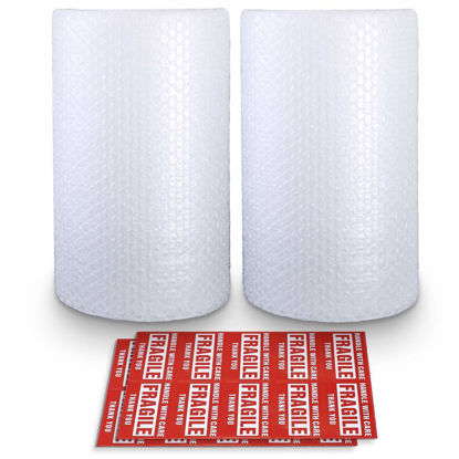 Picture of 2-Pack Bubble Cushioning Nylon Wrap Rolls, 3/16" x 12" x 72' ft Total, Perforated Every 12", 20 Fragile Stickers for Packaging, Shipping, Mailing