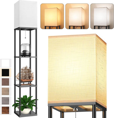 Picture of Floor Lamp with Shelves for Living Room, Shelf Floor Lamp with 3 CCT LED Bulb, Corner Display Standing Column Lamp Etagere Organizer Tower Nightstand with White Linen Shade for Bedroom, Office
