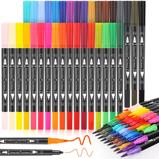 Picture of Soucolor Art Brush Markers Pens for Adult Coloring Books, Aesthetic Cute School Supplies, 34 Colors Numbered Dual Tip (Brush and Fine Point) Marker Pen for Kids Note taking Planner Calligraphy Drawing