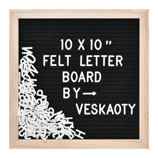 Picture of Felt Letter Board with 294 Letters, Numbers & Symbols - 10 x 10 inch Changeable Message Board with Wooden Frame Wall Mount Hook, (Black Board & Wood Frame)