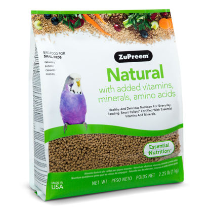 Picture of ZuPreem Natural Bird Pellets, Daily Bird Food for Parakeet, Budgie, Parrotlet, Dove, Core Nutrition for Small Birds, Added Vitamins, Made in USA, Parakeet Food, Budgie Food (S, 2.25 lb)