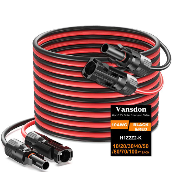 Picture of Vansdon 2x30 Feet Solar Panel Extension Cable, 10AWG Solar Cable, Solar Panel Cable with Female and Male Waterproof Connectors for RV, Photovoltaic Systems (30FT Red + 30FT Black)