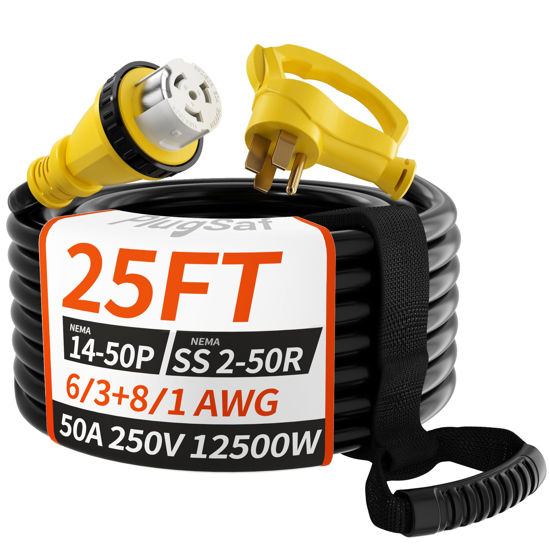 Picture of PlugSaf 50 Amp Generator Cord, 25FT 50 Amp RV Extension Cord with Twist Lock, Generator Cable 50A 4 Prong Yellow, NEMA 14-50P/SS2-50R Heavy Duty 6/3+8/1 AWG STW Wire for RV Camper & House