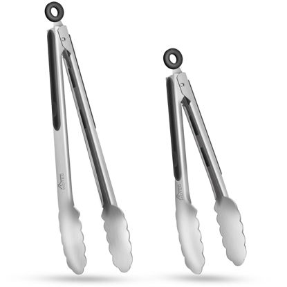 Picture of Hotec Stainless Steel Kitchen Tongs Set of 2 - 9" and 12", Locking Metal Food Tongs Non-Slip Grip