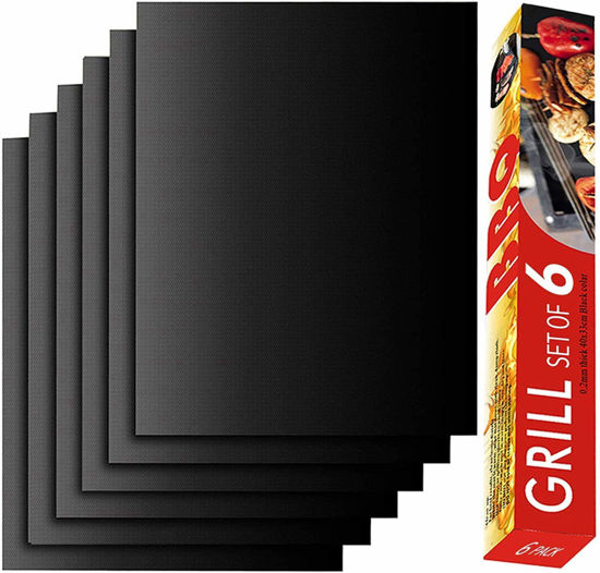 Picture of RENOOK Grill Mat Set of 6-100% Non-Stick Reusable Mats for Gas, Charcoal or Electric Grills - Easy to Clean - 15.75 x 13-Inch, Black