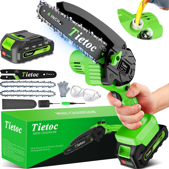 Picture of Tietoc Chainsaw 6 Inch Mini Electric Chainsaw Cordless Battery Powered, Hand Held Saw for Wood/Trees Trimming, Tools for Household and Garden, Chain Saw Gift for Men Dad Husband Fathers Gardener 2025